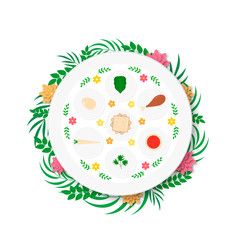 Passover ceder plate with traditional food with flowers and leaves. Jewish holiday Easter. Easy to edit vector template for poster, greeting card, banner, invitation, postcard, flyer, sticker, etc.