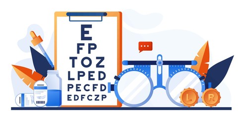Ophthalmology concept. Ophthalmologist female doctor eyesight check up. Vison test medical concept with glasses, eye examination, eye drop, chart, lens with case. For banner, website design or landing