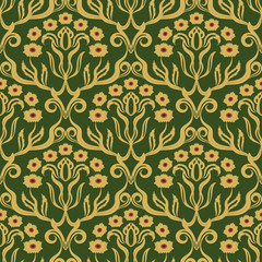 Seamless old-fashioned Damask green and yellow ornament, Royal Victorian te