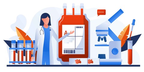 Human blood in donation bag. Blood clinical laboratory analysis. Patient blood in test tubes. Banner, flyer, landing page template. Woman doctor assistance, microscope, medical office, laboratory