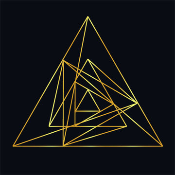 Golden neon vector sketch of a tattoo fire triangle rose mandala. Vector image on dark background.