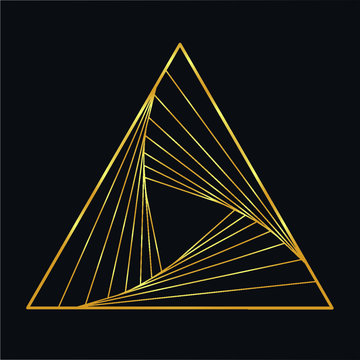 Neon Golden vector sketch the fire triangle tattoo with elements of minimalism geometric waves and strings. Vector image on dark background.