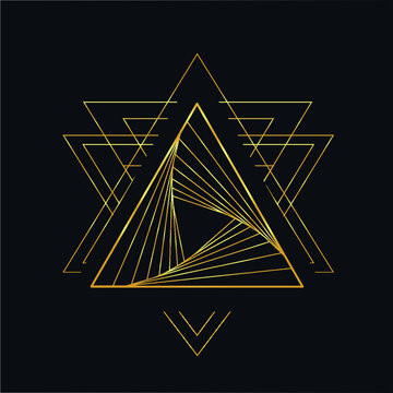 Golden neon vector line art sketch the fire triangle tattoo with elements of minimalism geometric waves and strings. Vector image on dark background.