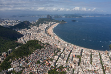 Aerial, panoramic view of Copacabana beach in Rio de Janeiro Brazil