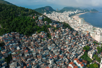 Aerial, panoramic view of Rio de Janeiro favelas and Copacabana in Brazil
