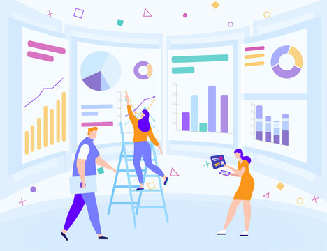 Informative Banner, Processing Data from App. People Highlight Truly Effective Ideas and Bring Whole Brainstorming to Common Denominator. Woman Stands on Stairs and Points to Table.