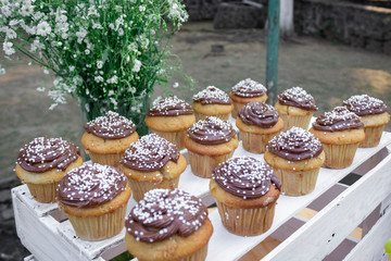 Cup cake, pastelillo o panqué con cubierta de chocolate en mesa de dulces