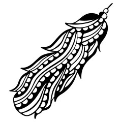 Abstract patterned bird feather in black and white colors with slanting stripes. Hand drawing for children's page for coloring book, decoration or tattoo. Vector.
