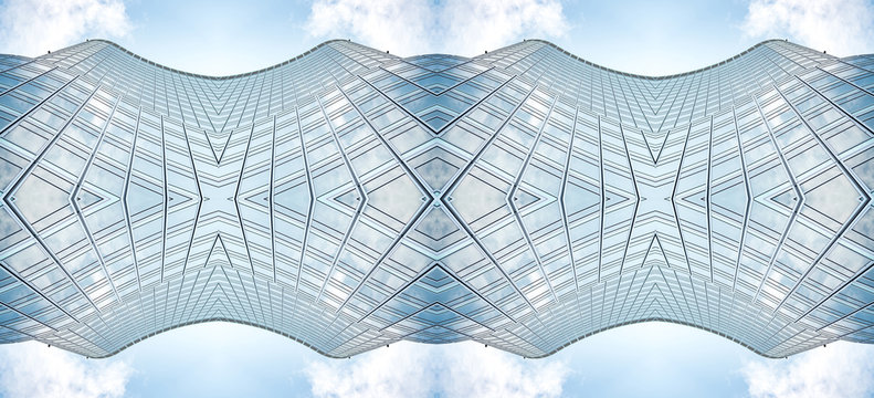 underside panoramic and perspective view to steel blue glass high rise building skyscrapers, business concept of successful industrial architecture
