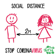 Children's drawing with wax crayons. Keep distance sign. Coronavirus. Self Quarantine. Social distancing concept people standing away to prevent COVID-19