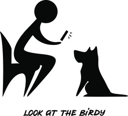 Person photographs a dog, vector silhouette of a sitting human and a sitting dog waiting for a bird to fly out, a dog owner takes photos, common situation with a pet and smartphone, look at the birdy 
