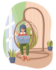 Fototapeta na wymiar Woman working from home due to coronavirus quarantine. She sits in the ratan arm chair and talks online by laptop. Flat concept illustration. Vector