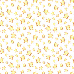 Watercolor hand painted holiday seamless pattern with yellow stars on white background. Can be used for wallpaper, poster, printing on fabric, scrapbooking, wrapping paper