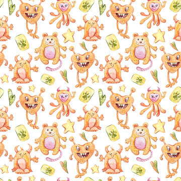 Watercolor hand painted cute cartoon monsters clipart. Seamless pattern isolated on white background. Can be used for patterns, design greeting cards for holiday, birthday, invitations, poster, print