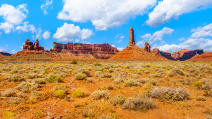 The Red Sandstone Buttes and Pinnacles in the semi desert landscape in the Valley of the Gods State Park near Mexican Hat, Utah, United States