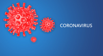 Coronavirus. Banner template with 3d illustration of coronavirus bacteria on blue background. Design element for poster, card, banner, flyer.