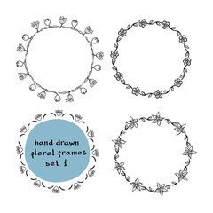 Collection of doodle floral frames/ Hand drawn monochrome design elements/ Vector illustration