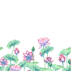 Obraz na płótnie Canvas Seamless border with lotus flowers. Flower seamless border. Botanical background. Pencil drawn Indian lotus flower border. Floral pencil background. 