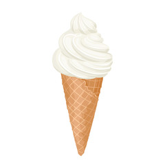 Ice cream in waffle cone isolated on white background. Swirl of soft serve ice cream in waffle cup. Vector illustration of a sweet dessert in cartoon flat style. Food icon.