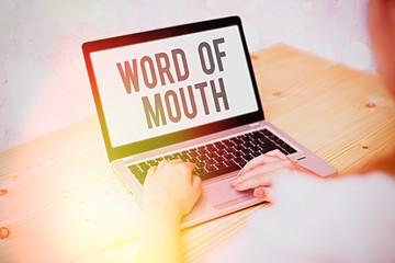 Writing note showing Word Of Mouth. Business concept for information that is transmitted without...