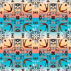Egyptian hieroglyphs seamless pattern. Colorful background. Vector graphic illustration. Ancient hieroglyph. Old style tribal ethnic ornament with egyptian symbols, signs, shapes, women, frames