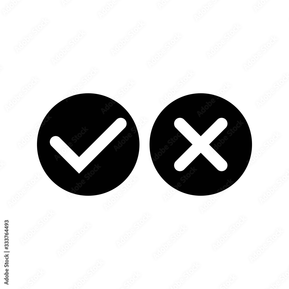 Poster check marks or tick, cross checkmarks flat icon set in modern black design concept on isolated white