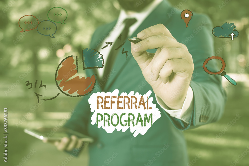 Aufkleber conceptual hand writing showing referral program. concept meaning employees are rewarded for introdu