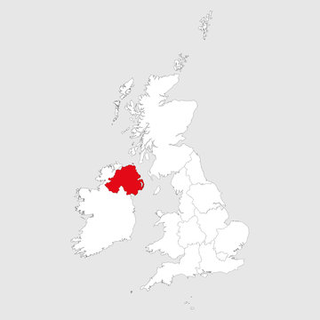 Northern Ireland map highlighted red on united kingdom political map. Light gray background. Perfect for Business concepts, backgrounds, backdrop, chart, label, sticker, banner and wallpapers.
