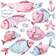 Watercolor cute fantasy fish set. Fairytale Illustration on white background, perfect for pattern, print, fabric, greeting card, wedding invitation, scrapbooking