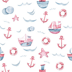 Aquarel handgeschilderde zee leven illustratie. Naadloze patroon op witte achtergrond. Boot, vis, Golf collectie. Perfect voor textielontwerp, stof, inpakpapier, scrapbooking