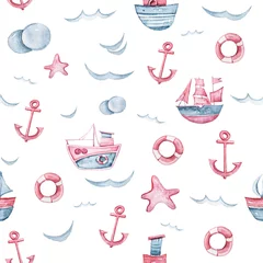 Gordijnen Aquarel handgeschilderde zee leven illustratie. Naadloze patroon op witte achtergrond. Boot, vis, Golf collectie. Perfect voor textielontwerp, stof, inpakpapier, scrapbooking © Tiana_Geo