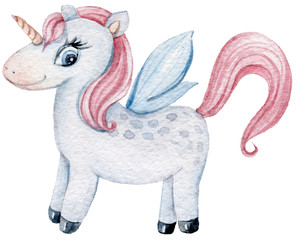 Hand painted watercolor cute unicorn clipart isolated on white. Lovely kids illustration for pattern, baby shower, greeting card, birthday invitation, invitation, stickers, print, fabric