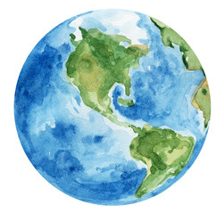 Watercolor hand painted planet Earth on white background. Can be used for pattern, stickers, decoration. Green and blue colors