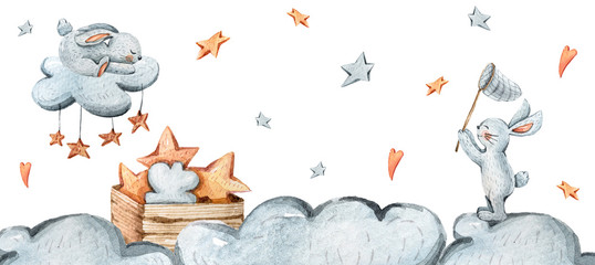 Watercolor hand painted cartoon sleeping on a cloud and catching stars bunnies. Cute illustration on white background. Perfect for greeting card, print, invitation, baby shower, poster for blog