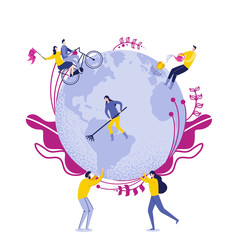 People Holding Earth Globe with Workers Watering Plants and Collecting Litter Flat Vector Illustration. Saving Ecology and Protecting Environment. Man and Woman Carrying Planet. Couple Riding Bike.