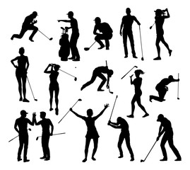 A set of golfer sports people playing golf in various poses