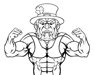 A tough leprechaun sports mascot cartoon character with fists up