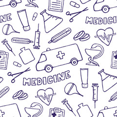 Medicine seamless doodle pattern for your design. Hand drawn Health care, pharmacy, medical cartoon background. Vector illustrations eps 10.