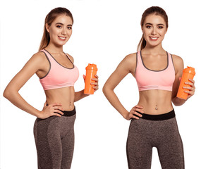 Beautiful young woman in sportswear standing on a white isolated background. Hold your hand a glass of water or protein, carnetine. Supplements. Fitness food. Pose. Collage.