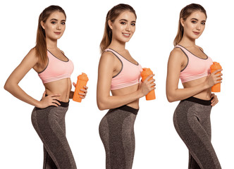 Beautiful young woman in sportswear standing on a white isolated background. Hold your hand a glass of water or protein, carnetine. Supplements. Fitness food. Pose. Collage.