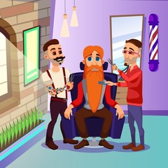 Two Stylish Barbers in Trendy Professional Barbershop, Trying to Give Fresh and Clean Haircut and Beard Trim to Frightened Redhead with Super Long, Waist Length Hair. Cute Cartoon Characters.