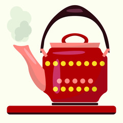 A traditional red enameled teapot with polka dots boils on an electric burner. Simple flat illustration isolated on a light background