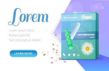 Landing Page with Chamomile Hygienic Tampon and Applicator in Green Pack. Mockup with Copy Space for Editable Hygiene Product Presentation Text. Maximum Protection. Realistic Vector 3d Illustration