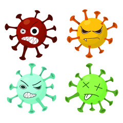 A set of four emotional characters is isolated on a white background. Multicolored coronavirus bacteria are drawn in cartoon style