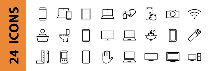 set of smart devices and gadgets, computer hardware and electronics. Electronic device icons for web and mobile vector lines. Editable stroke. 480x480 pixels