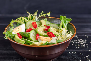 Salad of fresh cucumbers, spinach leaves, arugula, avocado. Served with slices of eggs and red pepper. Dietary nutrition. Breakfast for the whole family. Vitamin plate. On a dark wooden background.