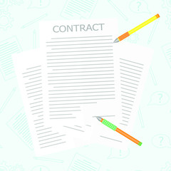 The pages of the paper contract and the pen are on a light blue background. Sheets of paper with text are drawn in a simple flat style
