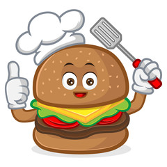 Burger mascot cartoon illustration give thumb up and hold spatula