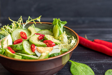 Salad of fresh cucumbers, spinach leaves, arugula, avocado. Served with slices of eggs and red pepper. Dietary nutrition. Breakfast for the whole family. Vitamin plate. On a dark wooden background.