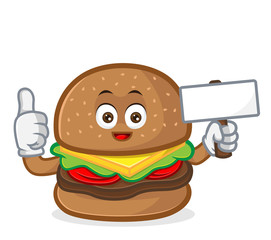Burger mascot cartoon illustration  give thumb up and hold blank sign